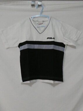 90s Vintage FILA Made In Canada Colorblock V-Neck Cotton Tee - youth medium